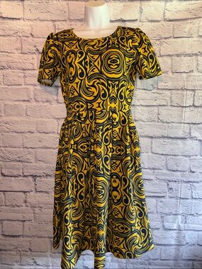 LuLaRoe Yellow and Black Swirl Midi Dress Size Small